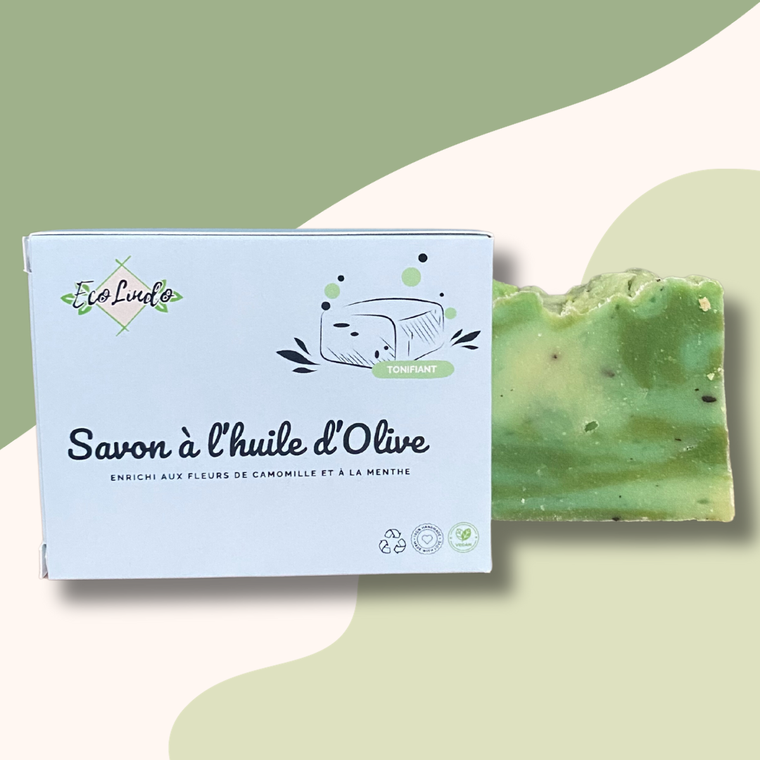 Savon artisanal à base d'huile d'olive - Enrichi aux fleurs de camomille et à la menthe 